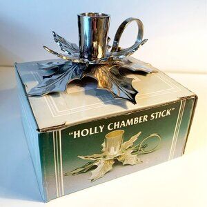 Vintage Silver Plated Holly Chamber Stick Candle Holder with Holly Leaf Design